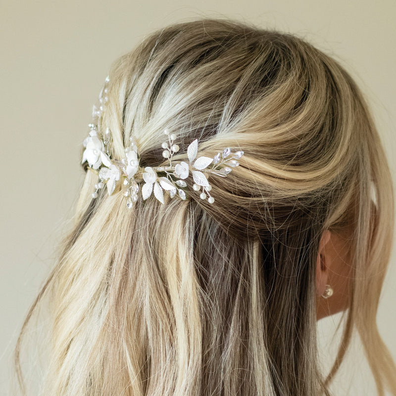 Bloom crystal and pearl enamelled floral crescent clip (silver) - Liberty in Love