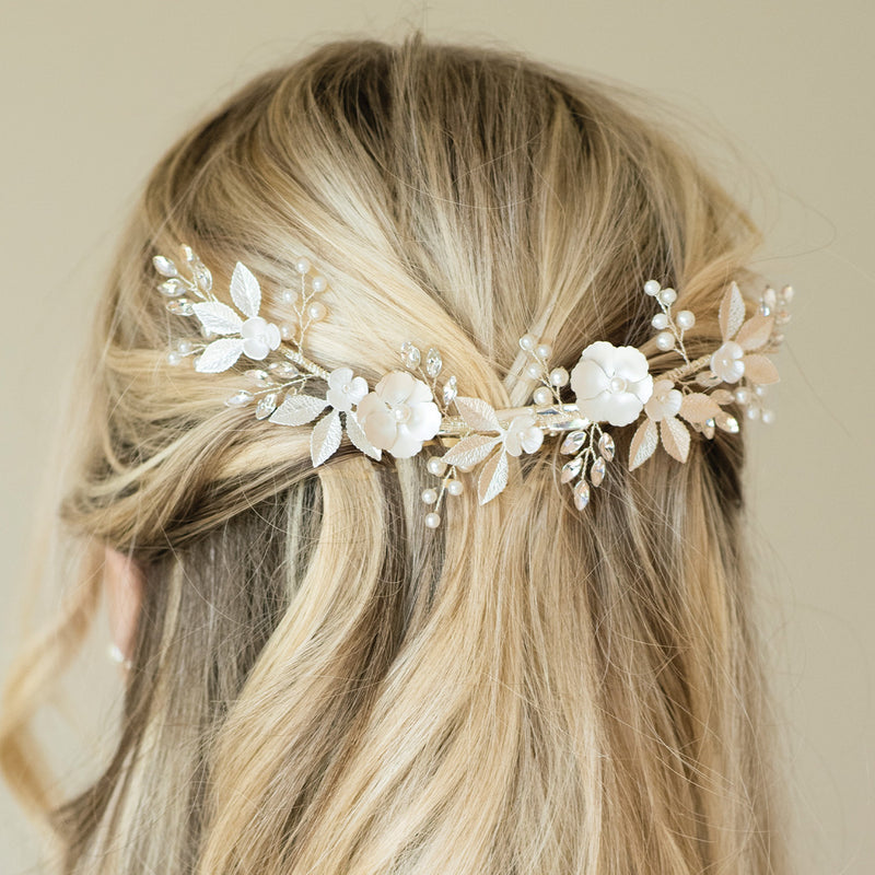 Bloom crystal and pearl enamelled floral crescent clip (silver) - Liberty in Love