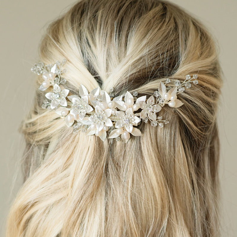 Spring blossom crystal pearl and enamelled floral crescent clip - Liberty in Love