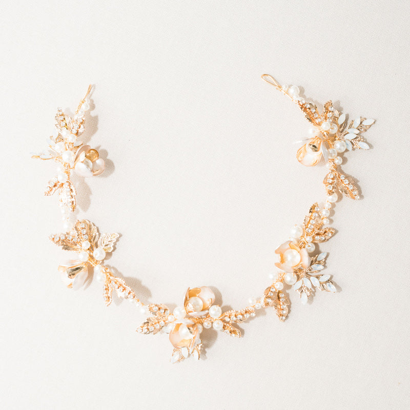 Yolande pearl enamelled floral gold hair vine - Liberty in Love