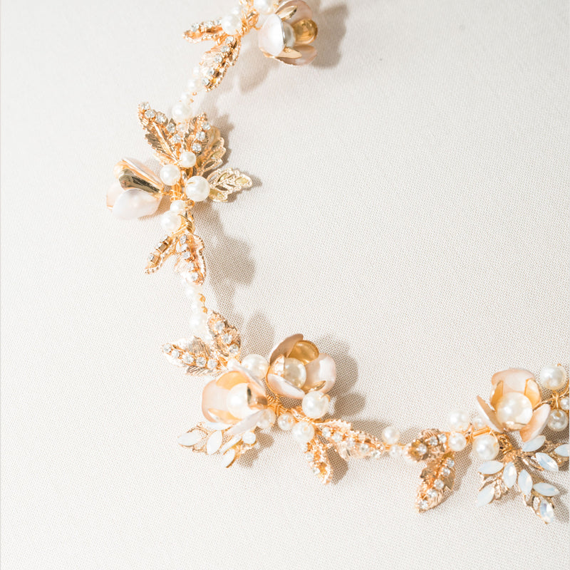 Yolande pearl enamelled floral gold hair vine - Liberty in Love