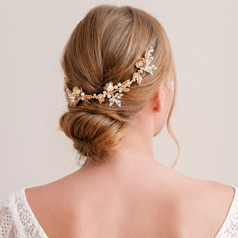 Yolande pearl enamelled floral gold hair vine - Liberty in Love