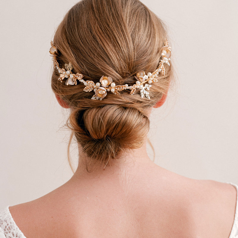 Yolande pearl enamelled floral gold hair vine - Liberty in Love