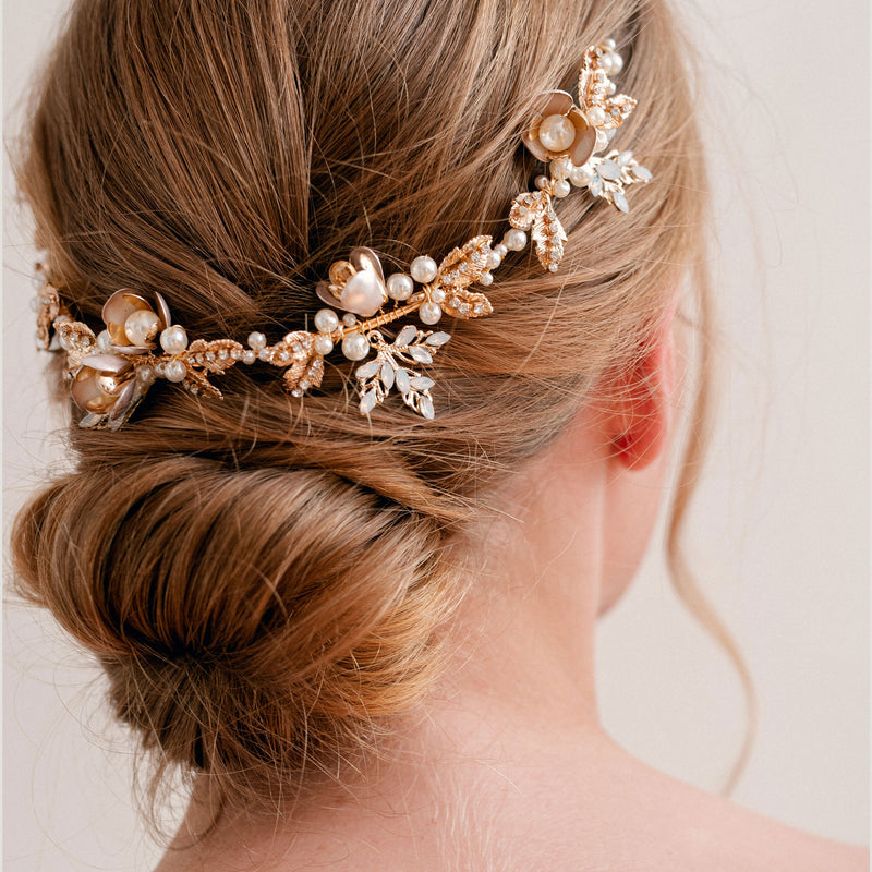 Yolande pearl enamelled floral gold hair vine - Liberty in Love