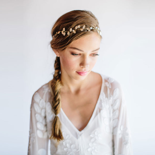 Untamed Petals Gold Leaf Vine with Crystals headpiece. NWOT Delicate crystal headband - Tiny crystal and pearl burst  main image 4