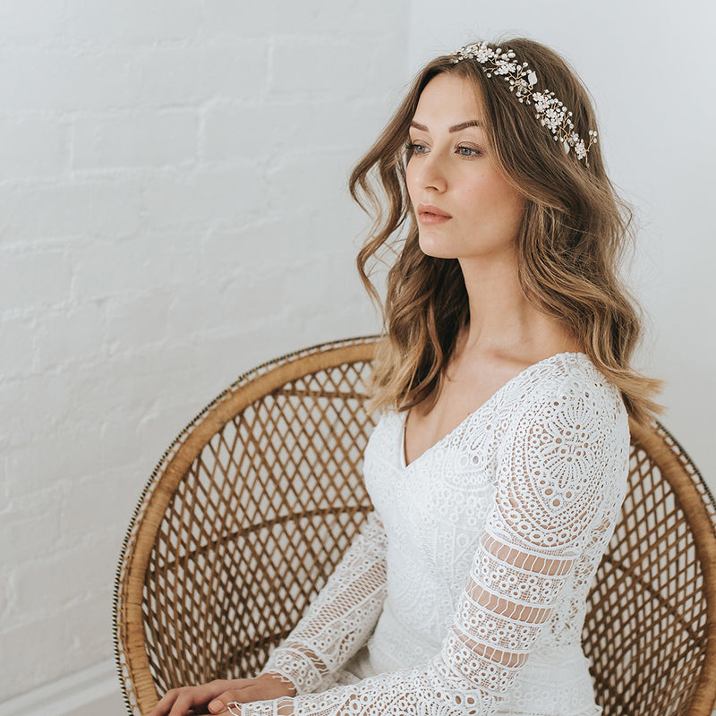 Alessia enamelled blossoms and leaves hair vine (gold) - Liberty in Love