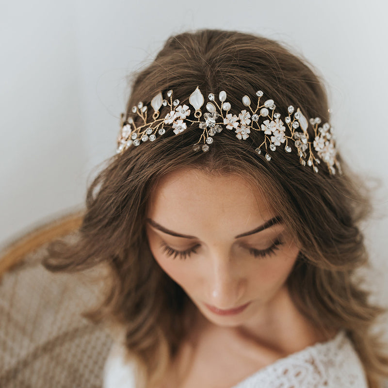 Alessia enamelled blossoms and leaves hair vine (gold) - Liberty in Love