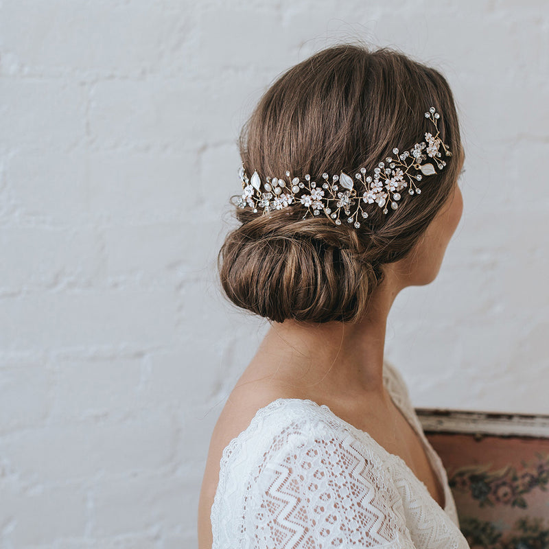 Alessia enamelled blossoms and leaves hair vine (gold) - Liberty in Love