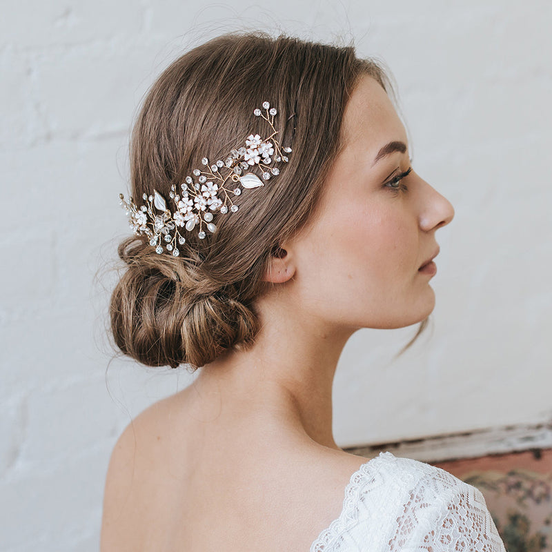 Alessia enamelled blossoms and leaves hair vine (gold) - Liberty in Love