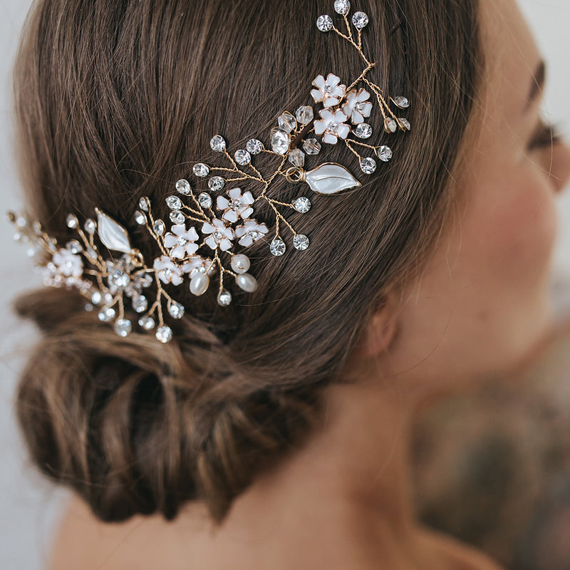 Alessia enamelled blossoms and leaves hair vine (gold) - Liberty in Love