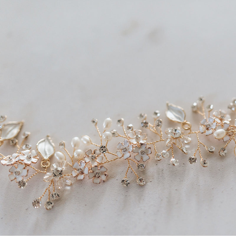 Alessia enamelled blossoms and leaves hair vine (gold) - Liberty in Love