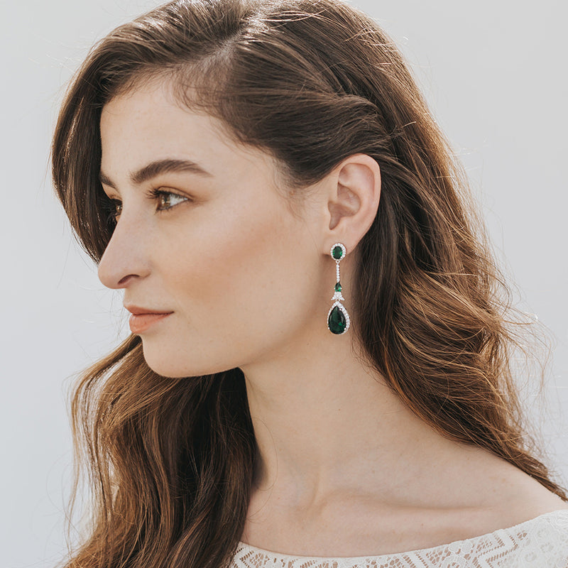 Alexandra bridal statement teardrop earrings (green crystal) - Liberty in Love