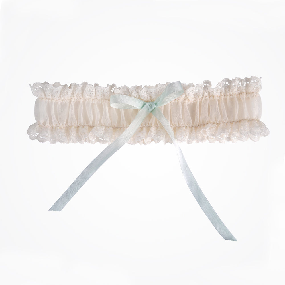 Alice ivory lace garter duck egg ribbon