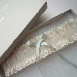 Alice ivory lace garter with duck egg blue ribbon - Liberty in Love