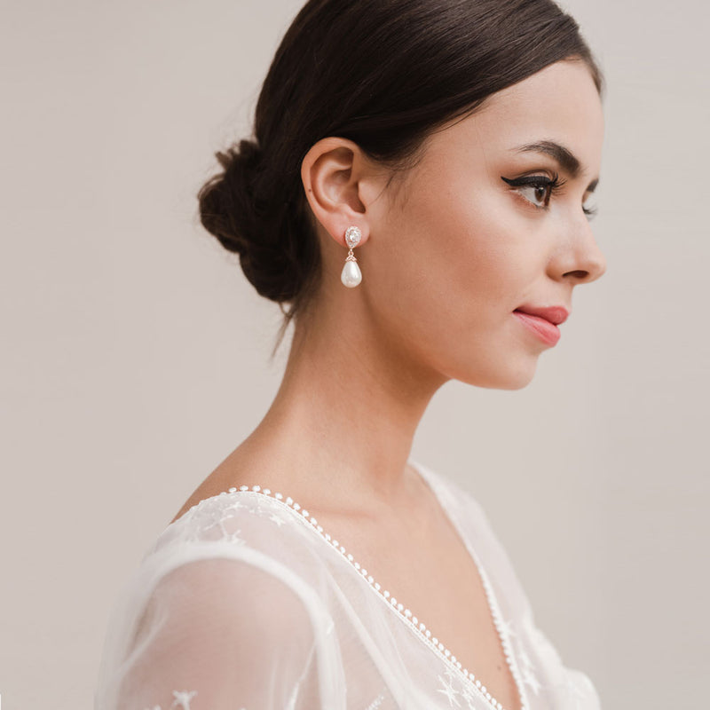 Ambrosia CZ and teardrop pearl earrings (rose gold) - Liberty in Love