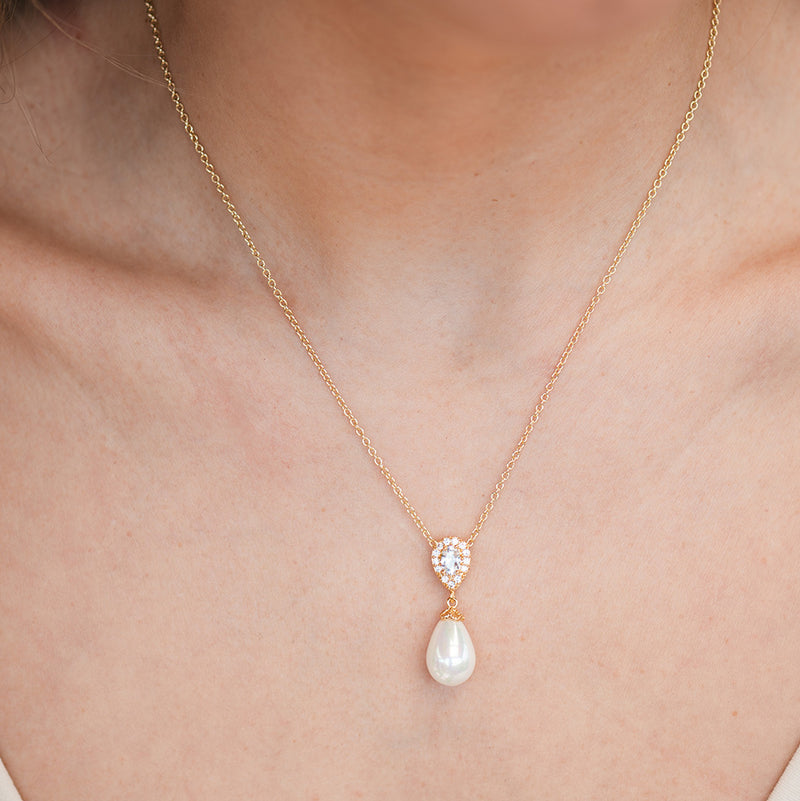 Ambrosia CZ and teardrop pearl necklace (rose gold) - Liberty in Love