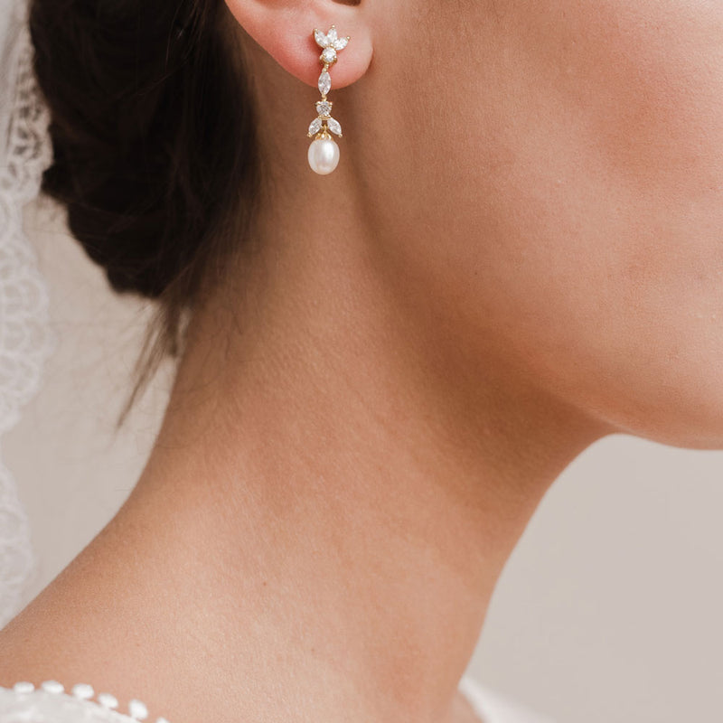 Angelica CZ floral teardrop pearl earrings (gold) - Liberty in Love