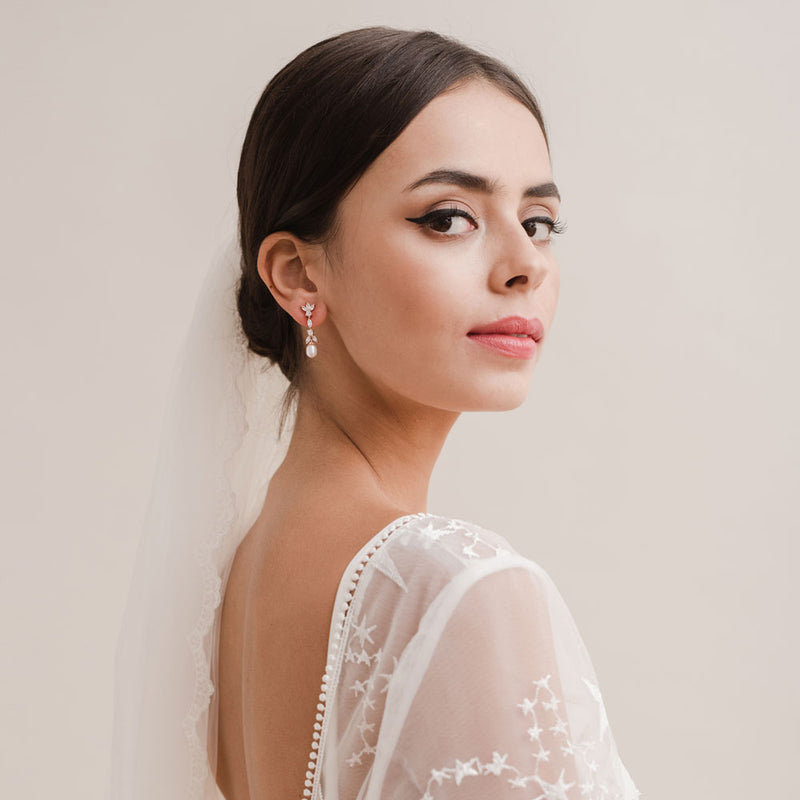 Angelica CZ floral teardrop pearl earrings (rose gold) - Liberty in Love