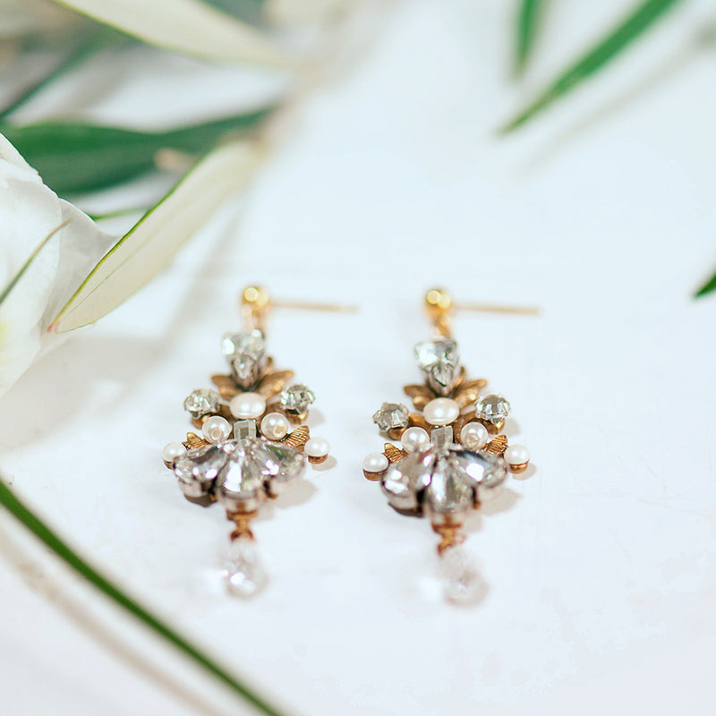 Antique-inspired crystal and pearl gold drop earrings - Liberty in Love