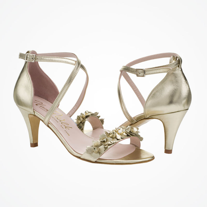 Arabella low floral embellished champagne leather sandals - Liberty in Love