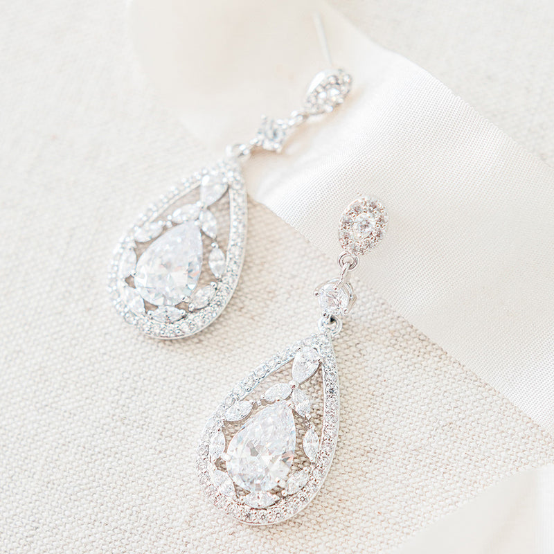 Austen vintage inspired CZ teardrop earrings (silver) - Liberty in Love