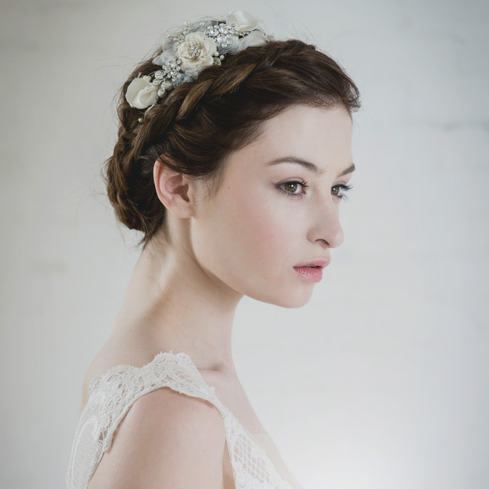 Autumn floral crystal pearl tulle bridal headband