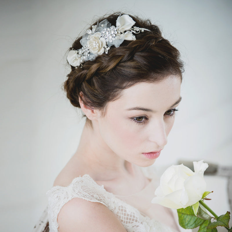 Autumn floral crystal, pearl and tulle bridal headband - Liberty in Love