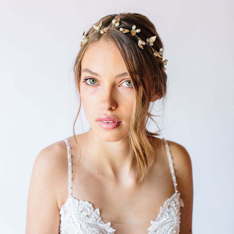 Autumn pearl buds and gilded leaves hair vine - Liberty in Love