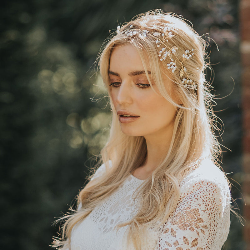 Belle pearl buds and gilded leaves hair vine - Liberty in Love