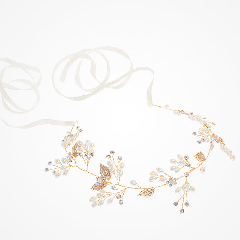 Belle pearl buds and gilded leaves hair vine - Liberty in Love