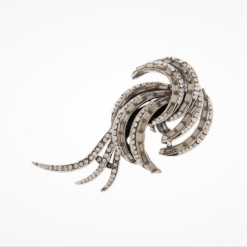 Feather scroll baguette lined silver brooch (BR496) - Liberty in Love