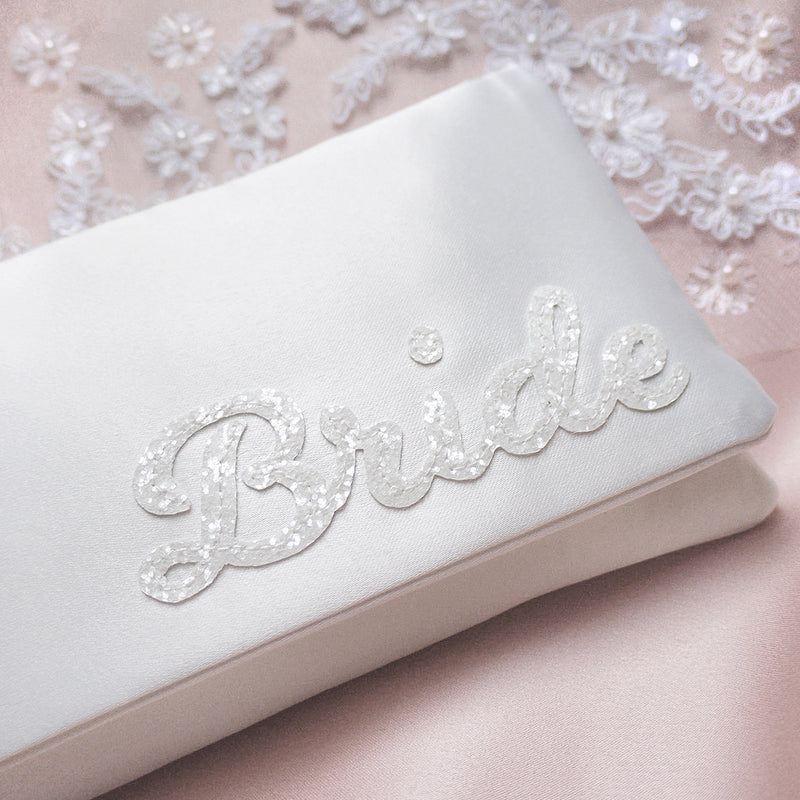 'Bride' glittered letters ivory satin clutch - Liberty in Love