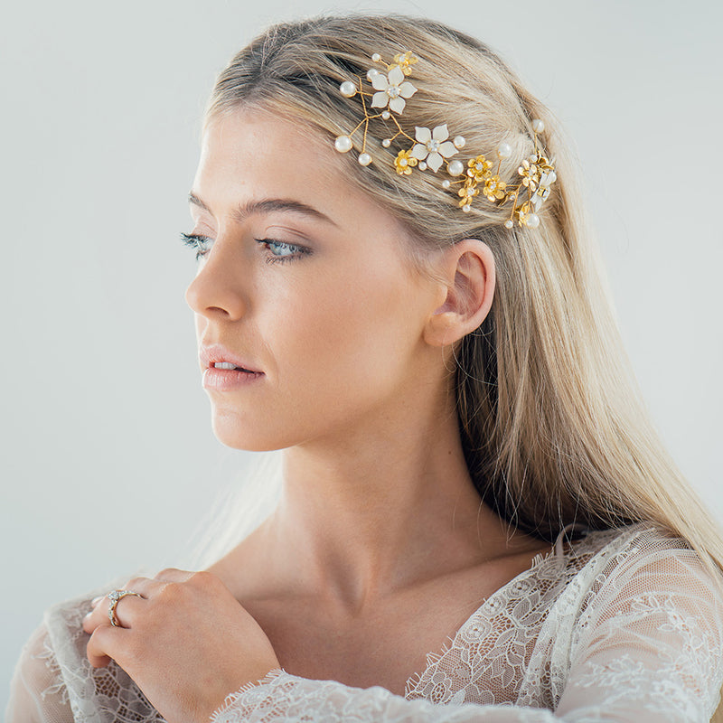 Brooke dainty hand-painted enamel flower crystal gold hair vine - Liberty in Love