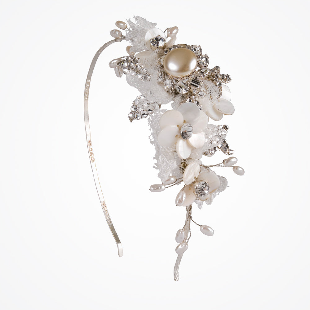 China crystal pearl & tulle side tiara headband
