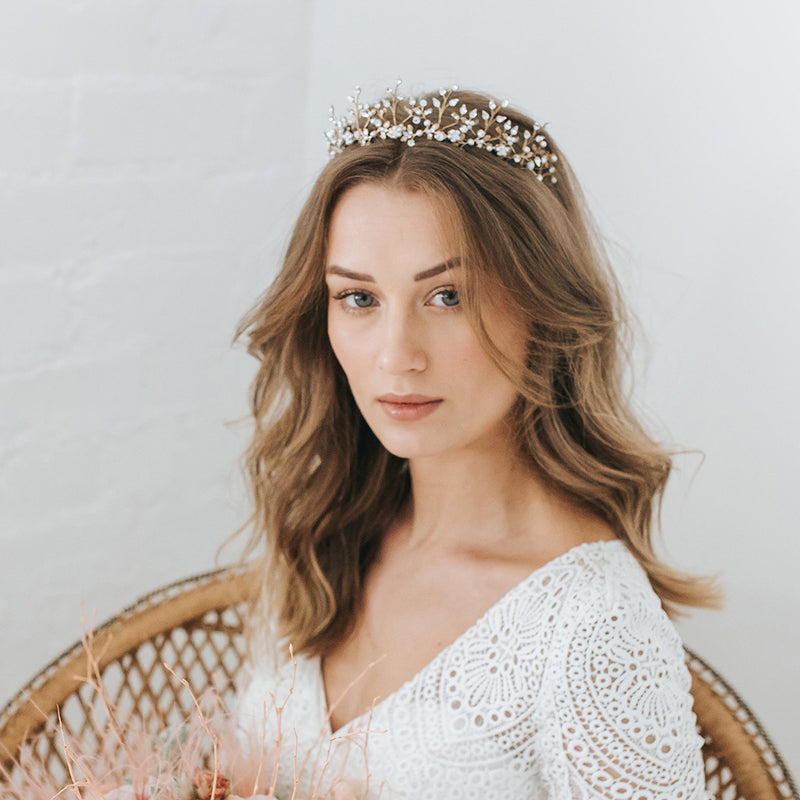 Coco crystal and pearl antique gold headpiece - Liberty in Love