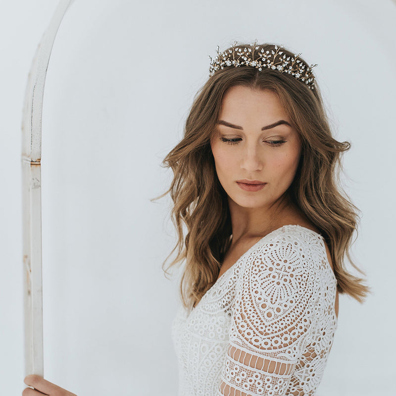 Coco crystal and pearl antique gold headpiece - Liberty in Love