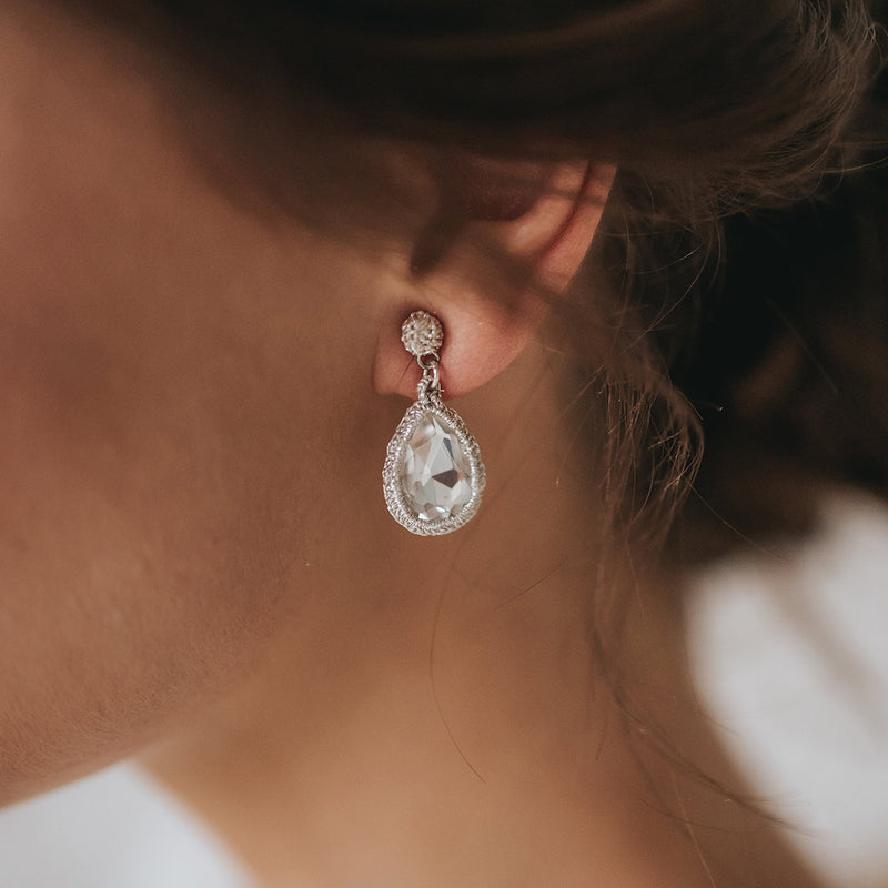 Crocheted Swarovski crystal silver teardrop earrings - Liberty in Love