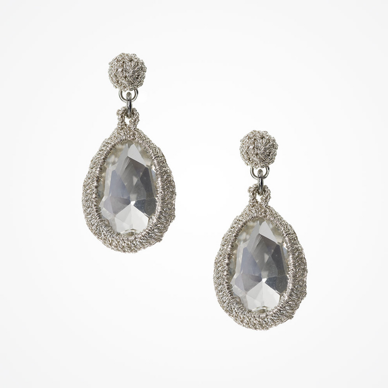 Crocheted Swarovski crystal silver teardrop earrings - Liberty in Love