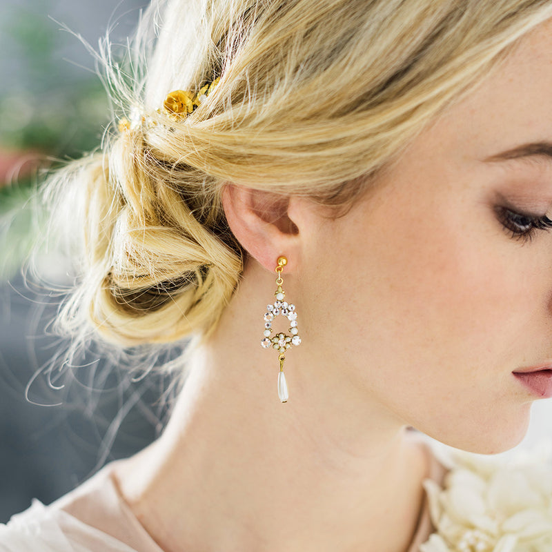 Crystal and pearl dew droplet gold earrings - Liberty in Love