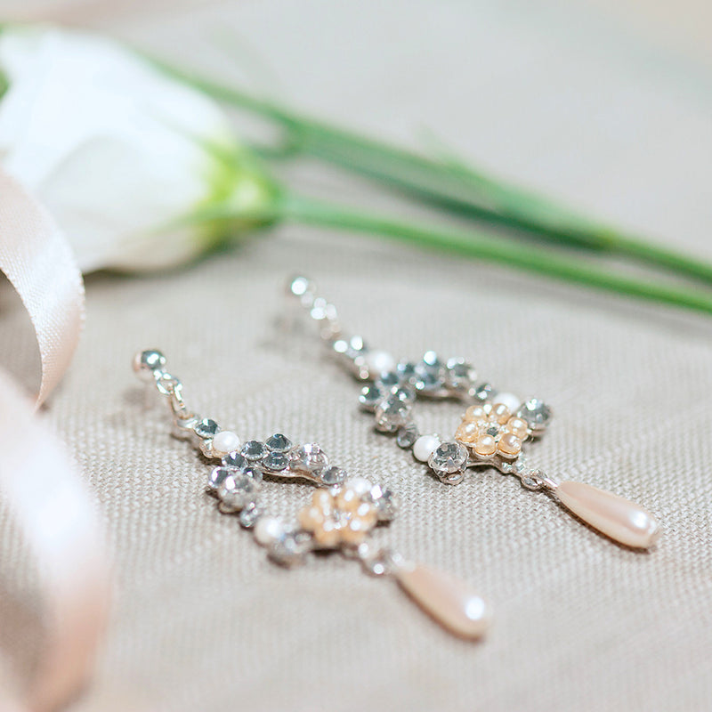 Crystal and pearl dew droplet silver earrings - Liberty in Love