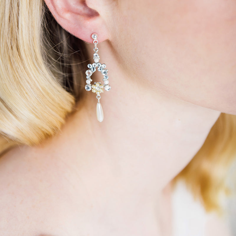 Crystal and pearl dew droplet silver earrings - Liberty in Love