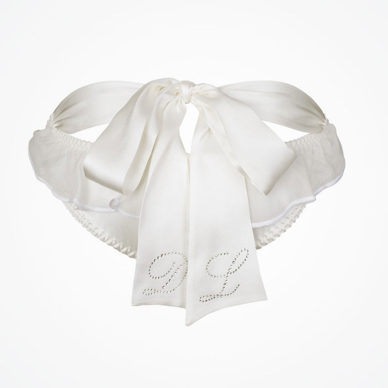 Dahlia bride ruffle knickers with bow detail and personalised crystal initials - Liberty in Love
