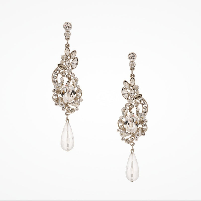 Vintage long drop floral chandelier earrings with quartz crystal (EA5594) - Liberty in Love