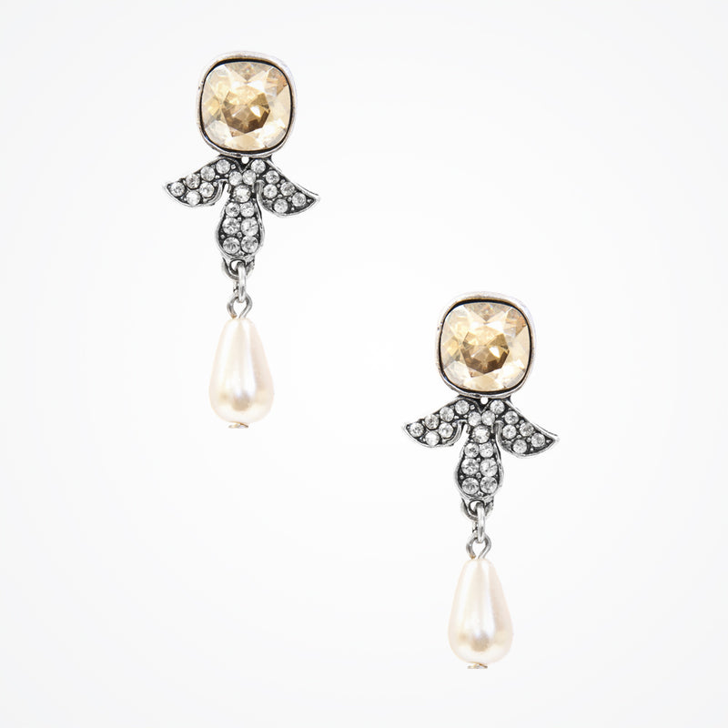 Short ivory pearl drop with cabochon wing earrings (EA5269) - Liberty in Love