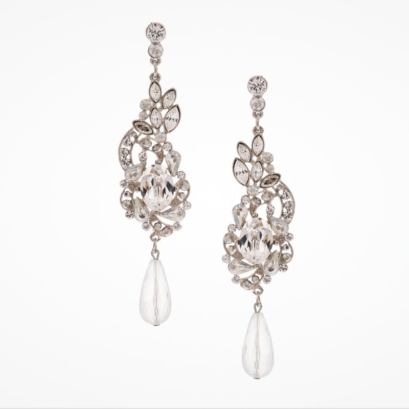 Vintage long drop floral chandelier earrings with quartz crystal (EA5594) - Liberty in Love