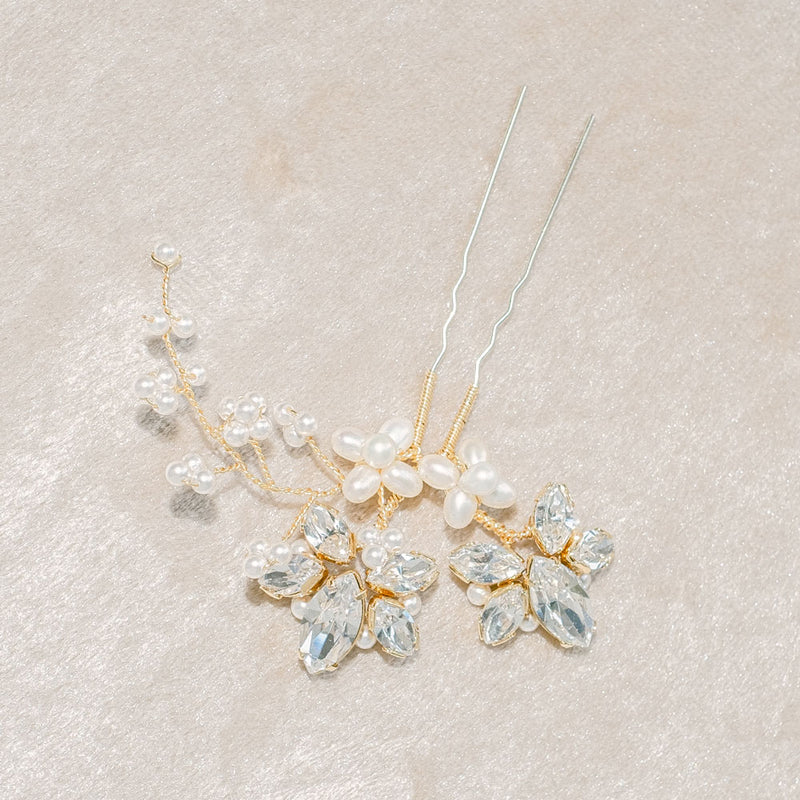 Fern crystal and pearl floral gold hair pin - Liberty in Love