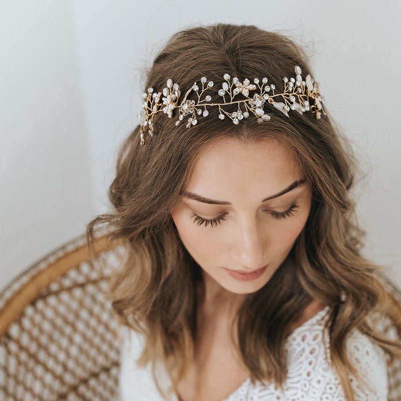 Fleur pearl blossom and buds gold hair vine - Liberty in Love