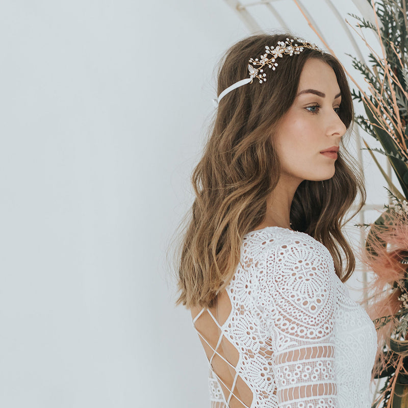 Fleur pearl blossom and buds gold hair vine - Liberty in Love