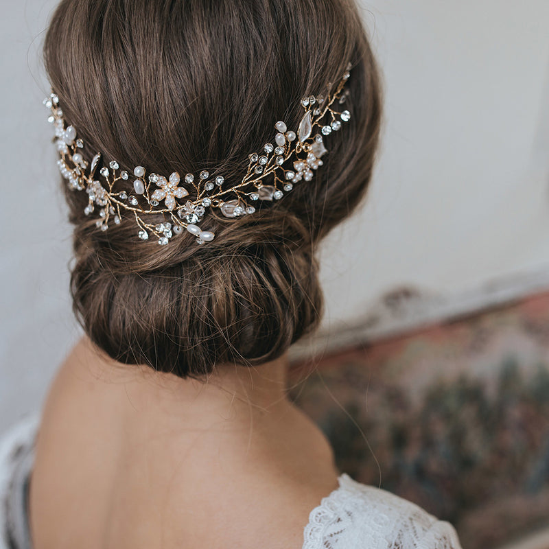 Fleur pearl blossom and buds gold hair vine - Liberty in Love
