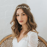 Gaia crystal embellished leaves and pearl buds gold hair vine - Liberty in Love